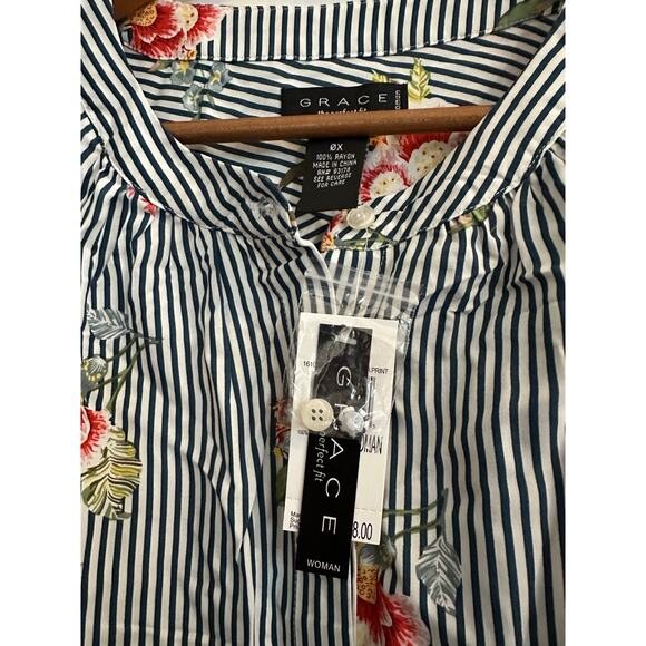Grace Elements 0X Plus Floral Stripe Button Blouse Shirt Long Sleeve NWT - Picture 9 of 9